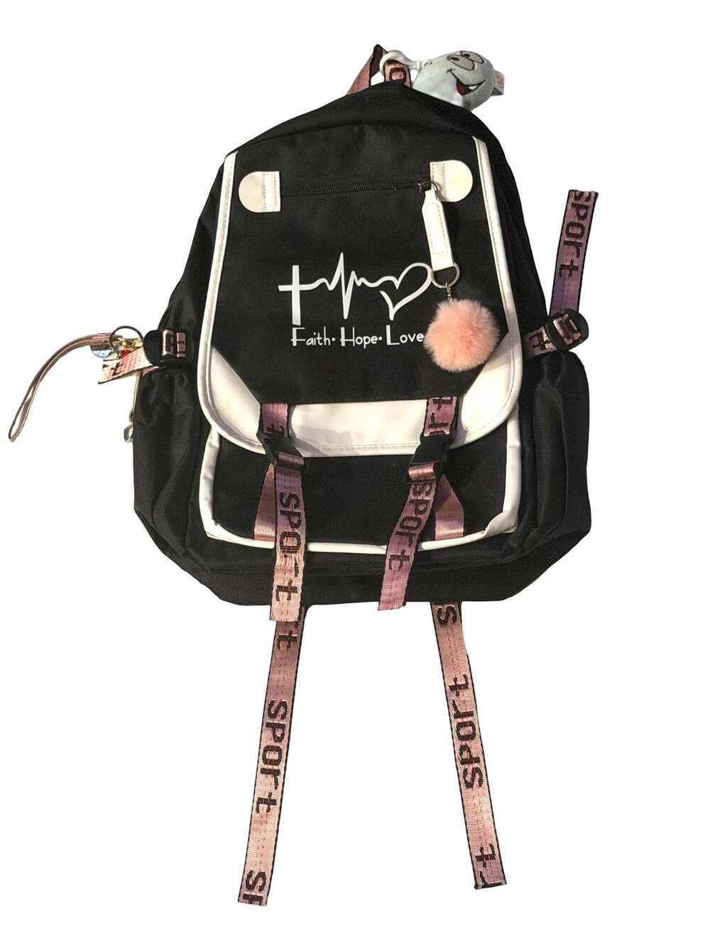 Faith Hope Love Graphic Black and White School Backpack with Pink Straps